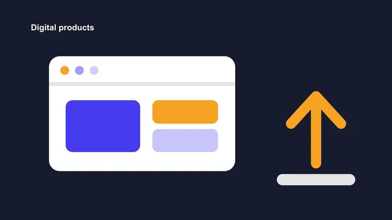 An abstract screen with stacked files and an upload arrow in brand colors