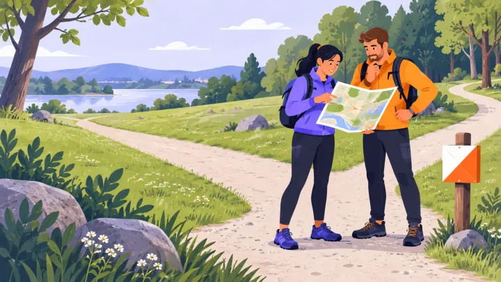 Two adults read a paper map at a park path junction beside a post with an orange-and-white control marker.
