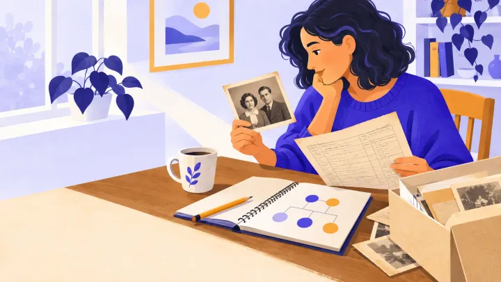 An adult compares an old family photograph and paper record beside a notebook with a simple family chart