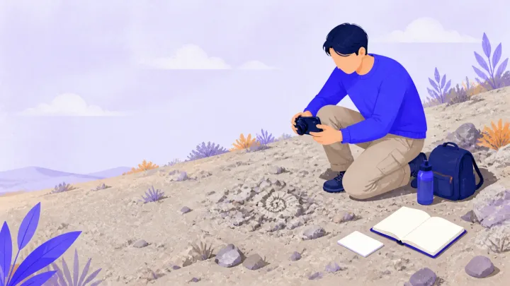 A beginner documenting a fossil among loose rocks during a surface-only search