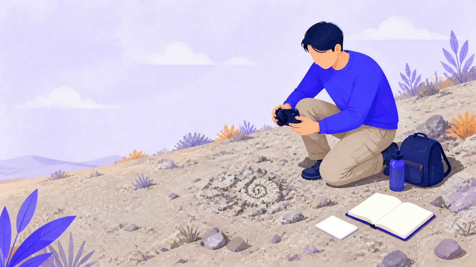 A beginner documenting a fossil among loose rocks during a surface-only search