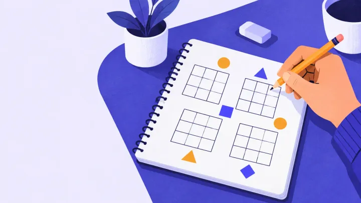 A hand holds an orange pencil over a notebook with square puzzle grids beside an eraser