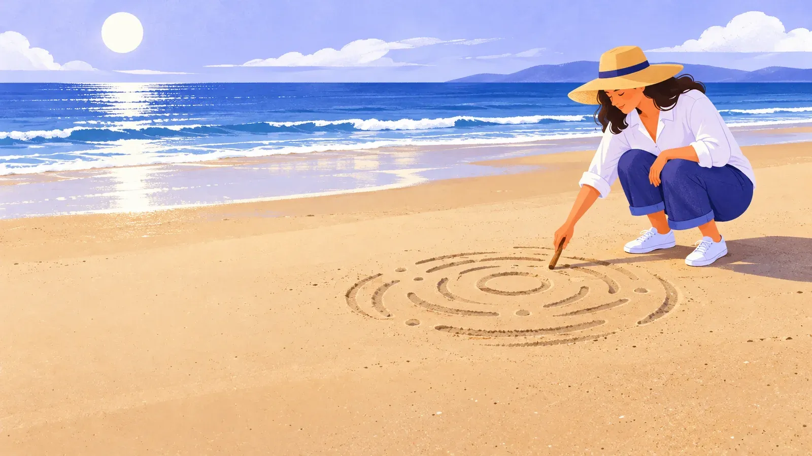 An adult draws a circular pattern in beach sand with a wooden tool, with the sea behind them