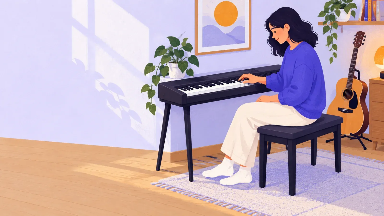 An adult plays a small keyboard with one hand, with an acoustic guitar on a stand nearby.