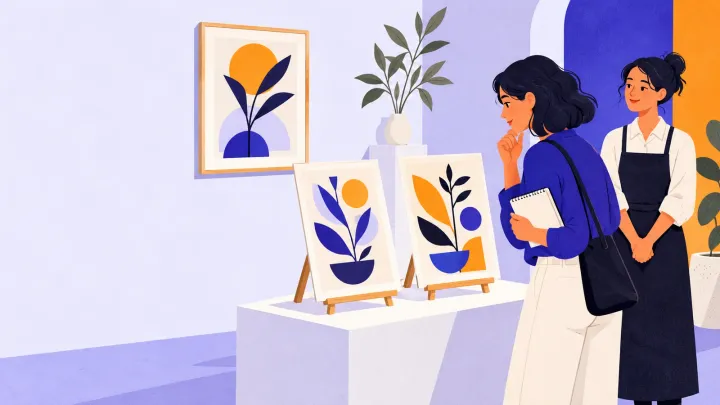 A visitor takes notes while considering two prints displayed at a gallery counter