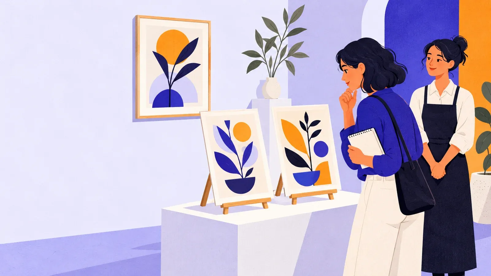 A visitor takes notes while considering two prints displayed at a gallery counter