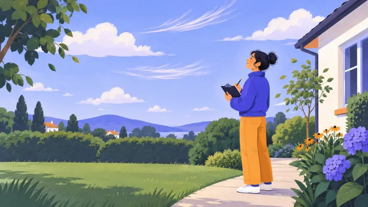 A person records clouds on a clipboard from a garden path beside a house