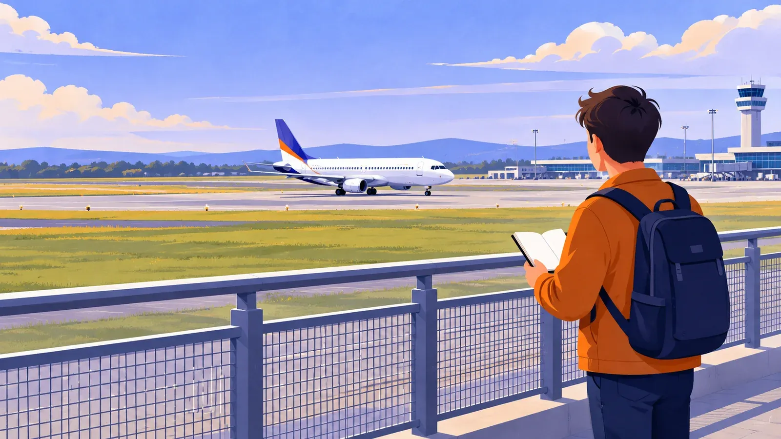 A beginner behind a public viewing-area railing watches a passenger jet on a distant airfield