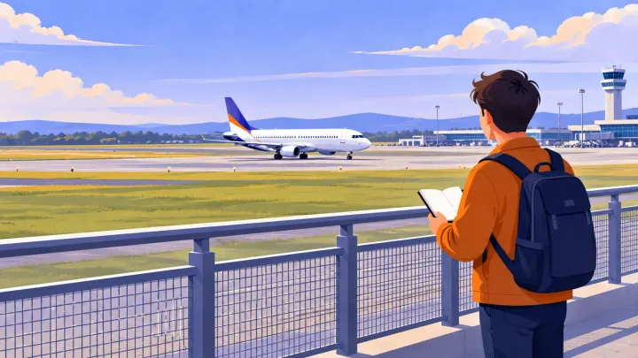 A beginner behind a public viewing-area railing watches a passenger jet on a distant airfield