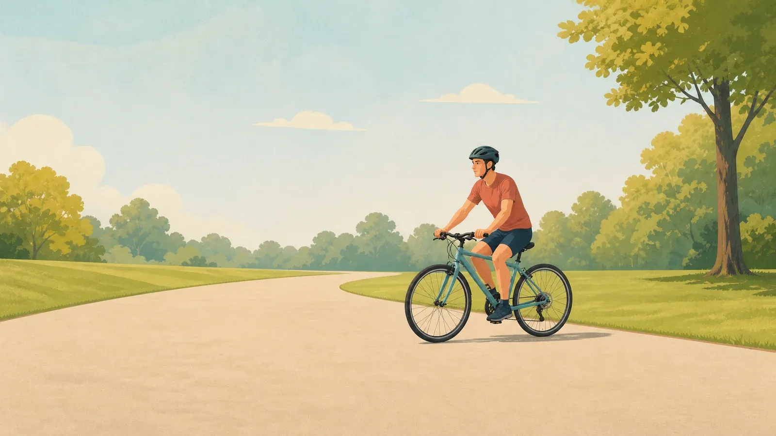 A helmeted beginner practicing controlled braking on a quiet traffic-free path