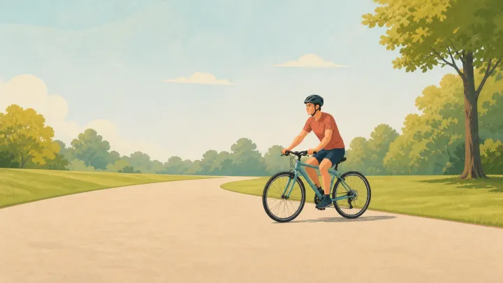 A helmeted beginner practicing controlled braking on a quiet traffic-free path