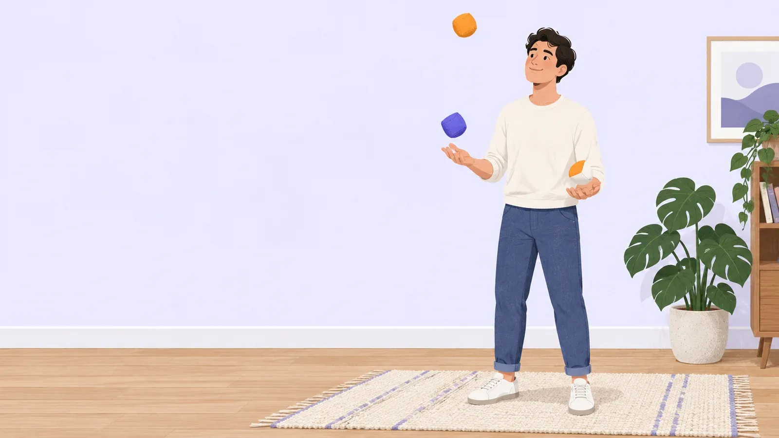 A person practices juggling three orange and indigo beanbags above a clear indoor floor