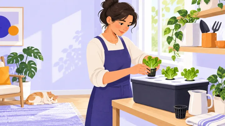 An adult places a lettuce seedling in a net cup above a covered indoor growing container.