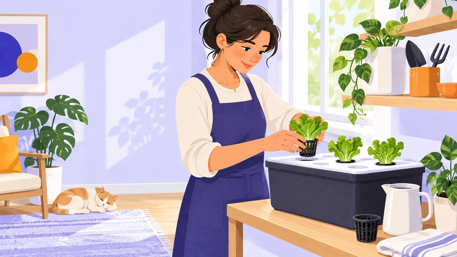 An adult places a lettuce seedling in a net cup above a covered indoor growing container.