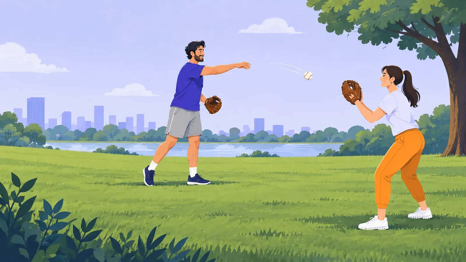 Two adults wearing baseball gloves practise a short throw and catch on clear grass.