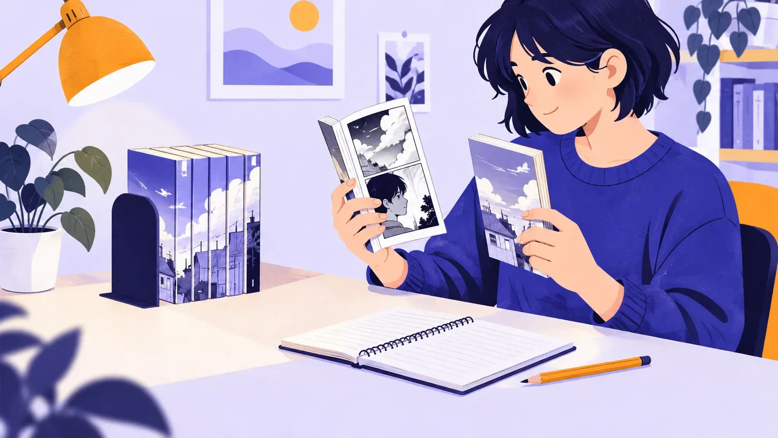 A person compares two manga paperbacks beside upright books and a notebook