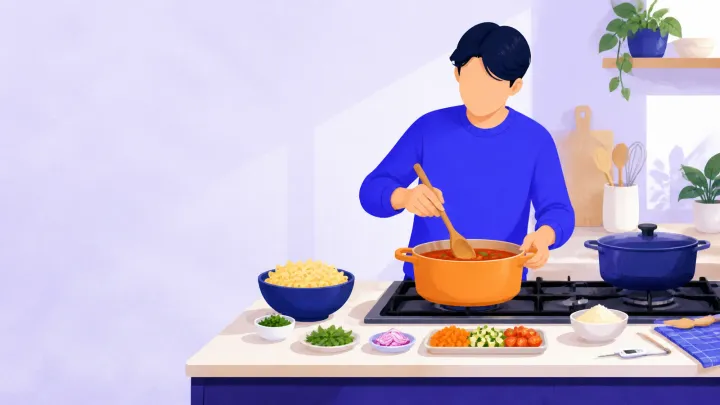 A calm home cook preparing a simple pasta meal at an organized kitchen counter