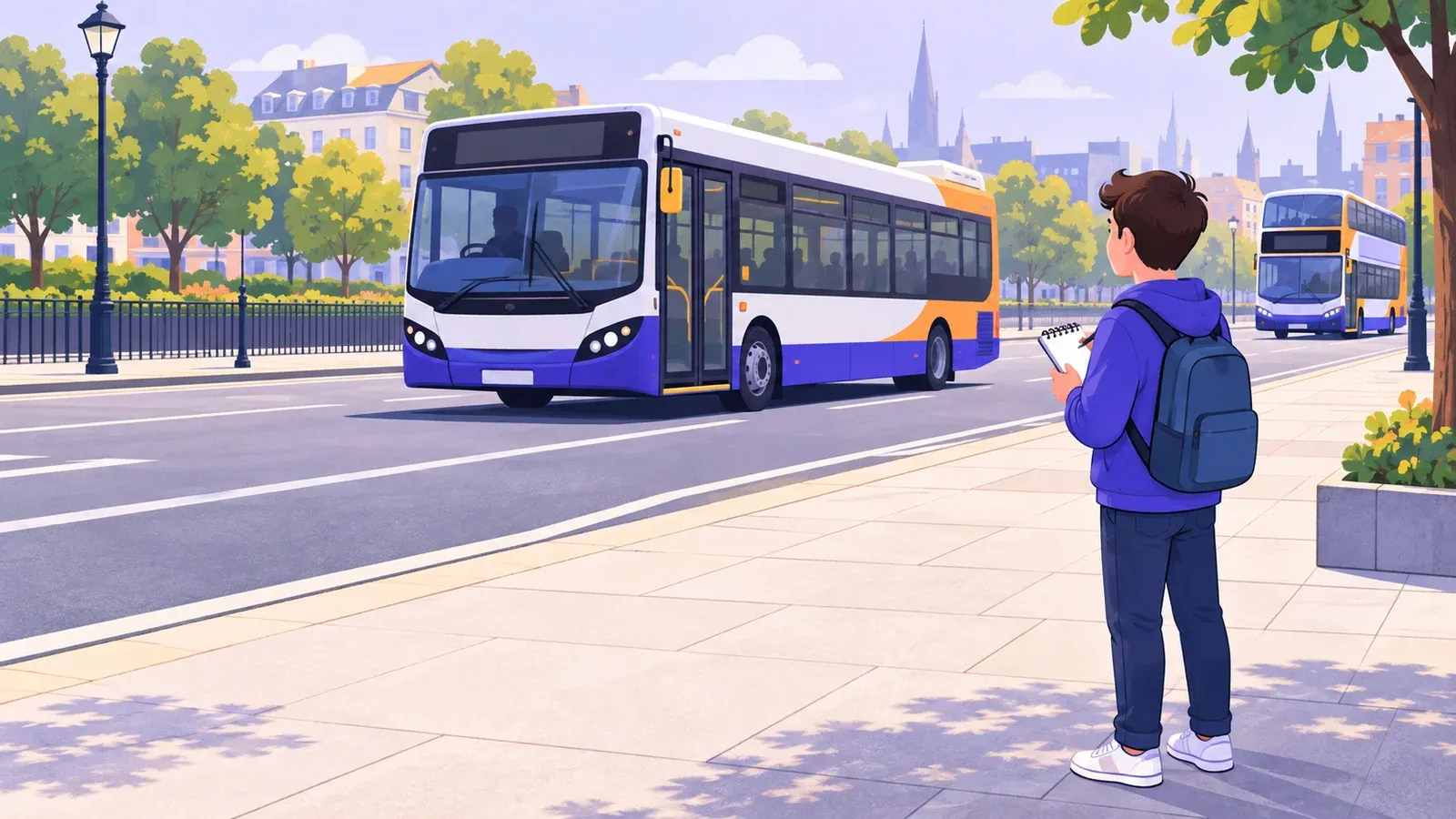 A beginner writes in a notebook from a broad pavement as a city bus passes on the road