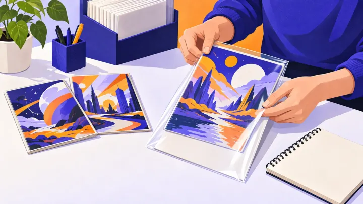 Hands slide a thin comic into a clear sleeve beside a backing board, two comics and a notebook