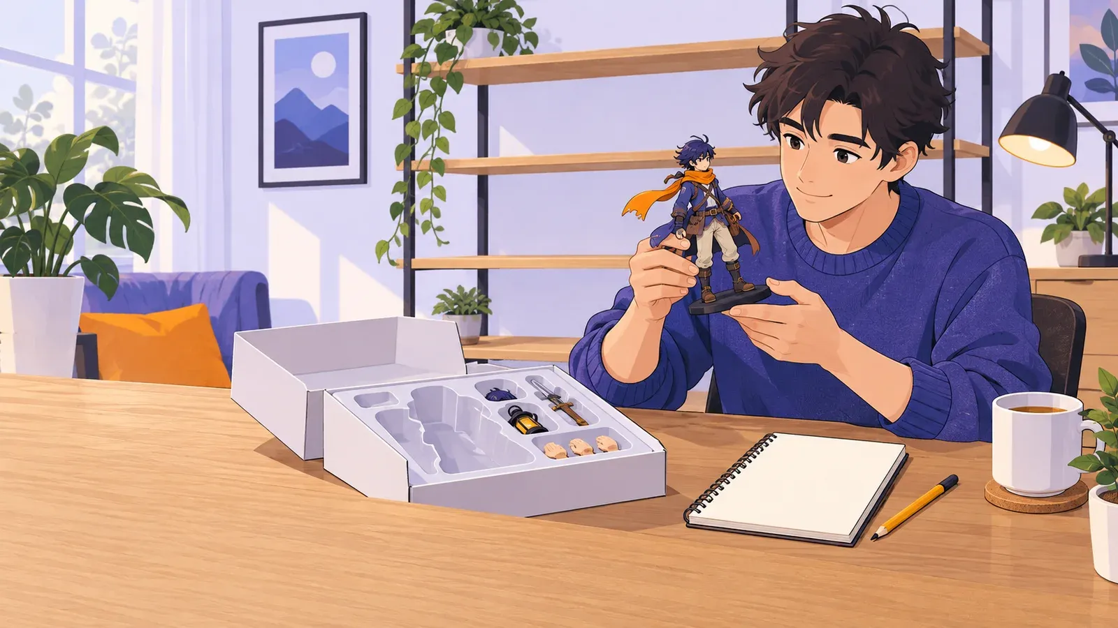 A person examines an anime-style figure on a stand beside packaging and a notebook