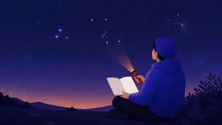A beginner stargazer using a notebook beneath a clear night sky