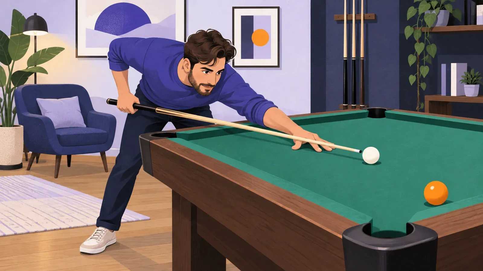 An adult lines up a shot with a cue at a pool table.