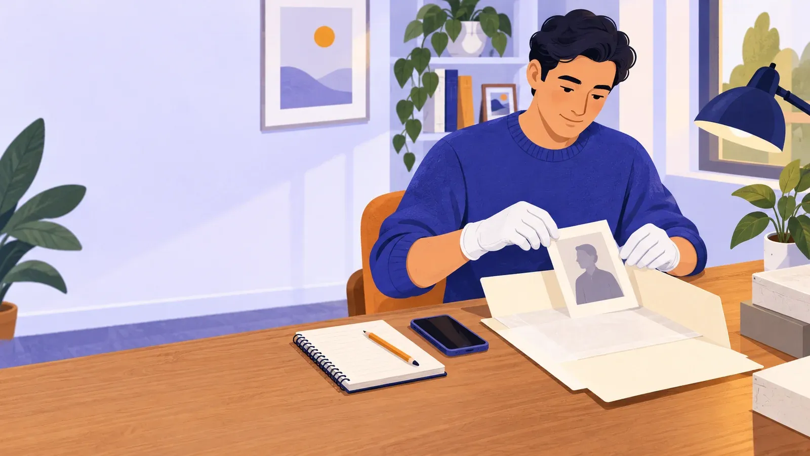 A person places a paper keepsake into a folder beside a notebook and phone
