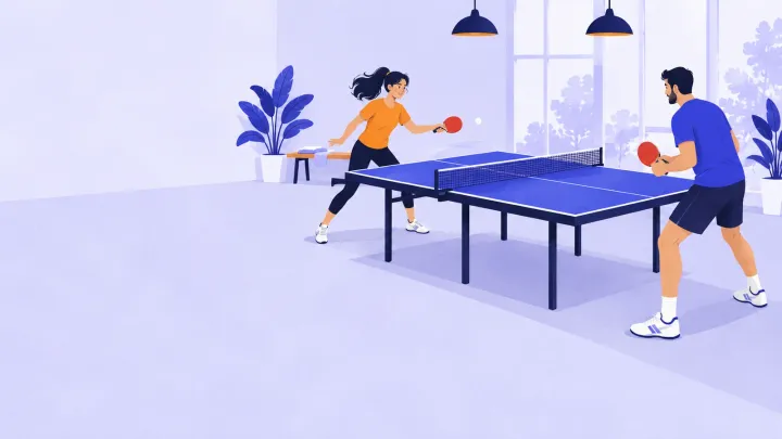 Two adults practise table tennis on opposite sides of an indoor table.