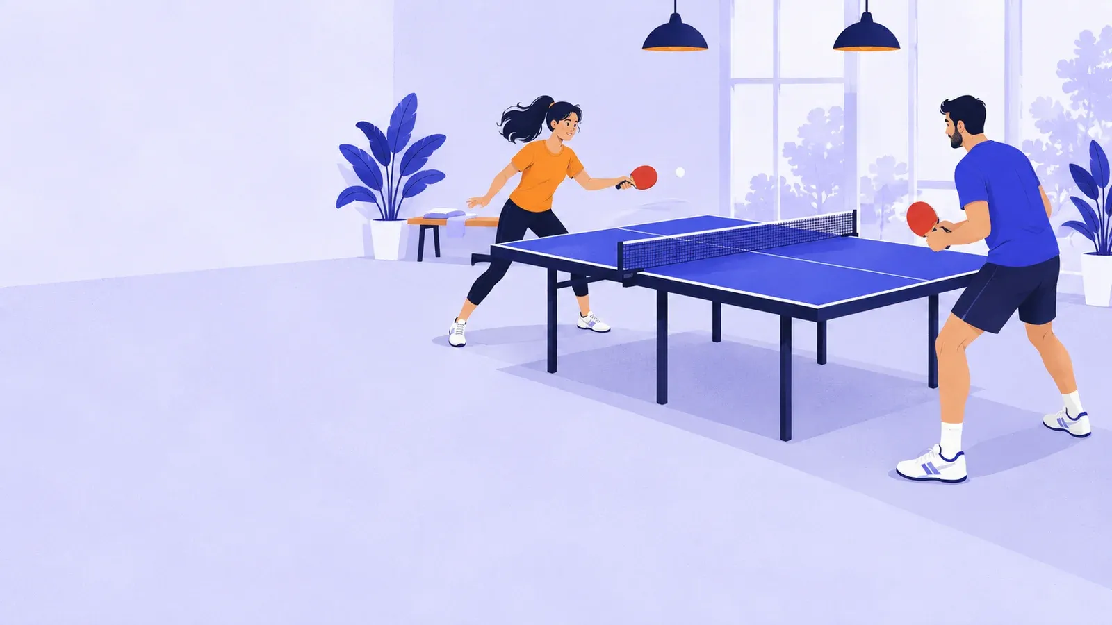 Two adults practise table tennis on opposite sides of an indoor table.