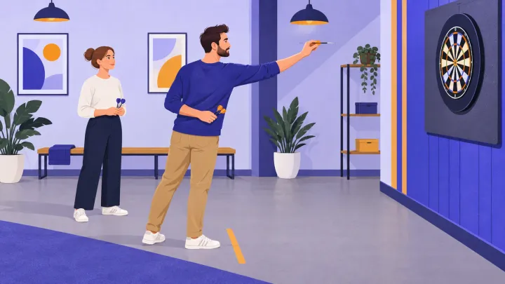 An adult aims a dart at a mounted board while another adult waits behind the thrower.