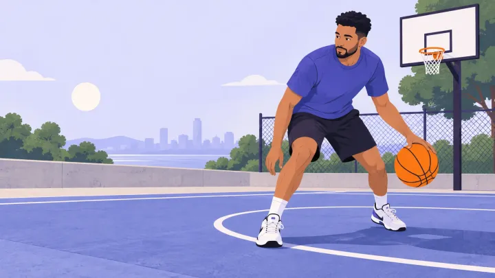 An adult dribbles a basketball on an outdoor court with a hoop behind them.