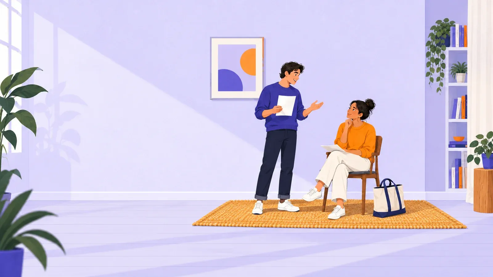 Two adults rehearsing a scene with script pages, one standing and one listening from a chair
