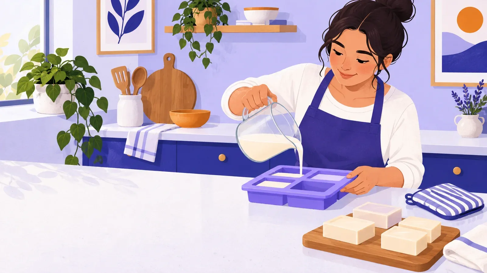 An adult pours melted soap from a handled jug into a silicone mould beside finished bars and an oven mitt.