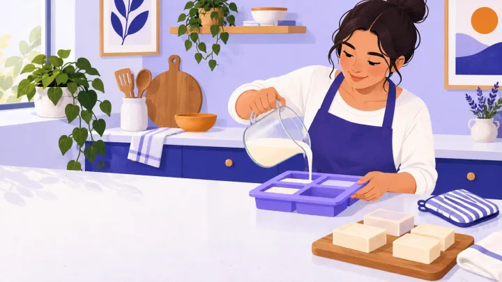 An adult pours melted soap from a handled jug into a silicone mould beside finished bars and an oven mitt.