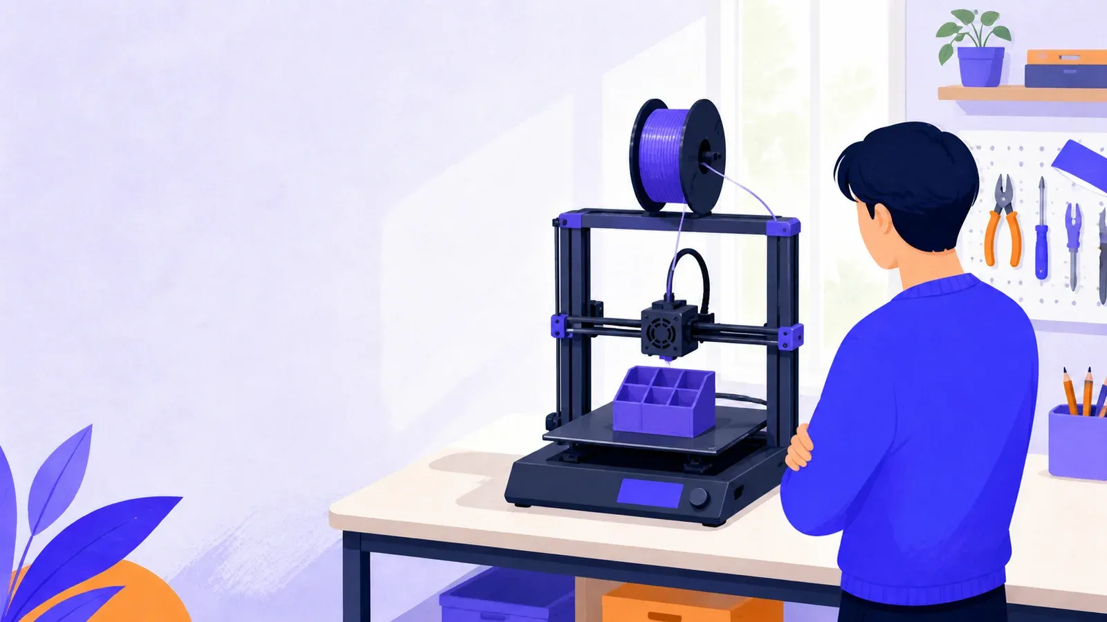 A desktop 3D printer making a small purple organizer beside a filament spool