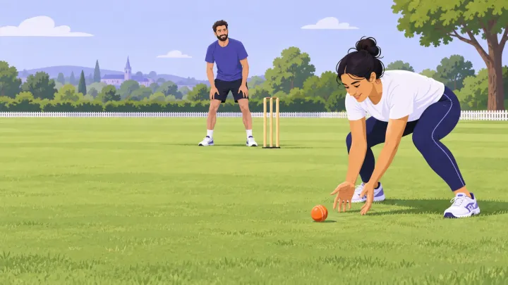 An adult gathers a rolling ball while a partner waits beside cricket stumps.