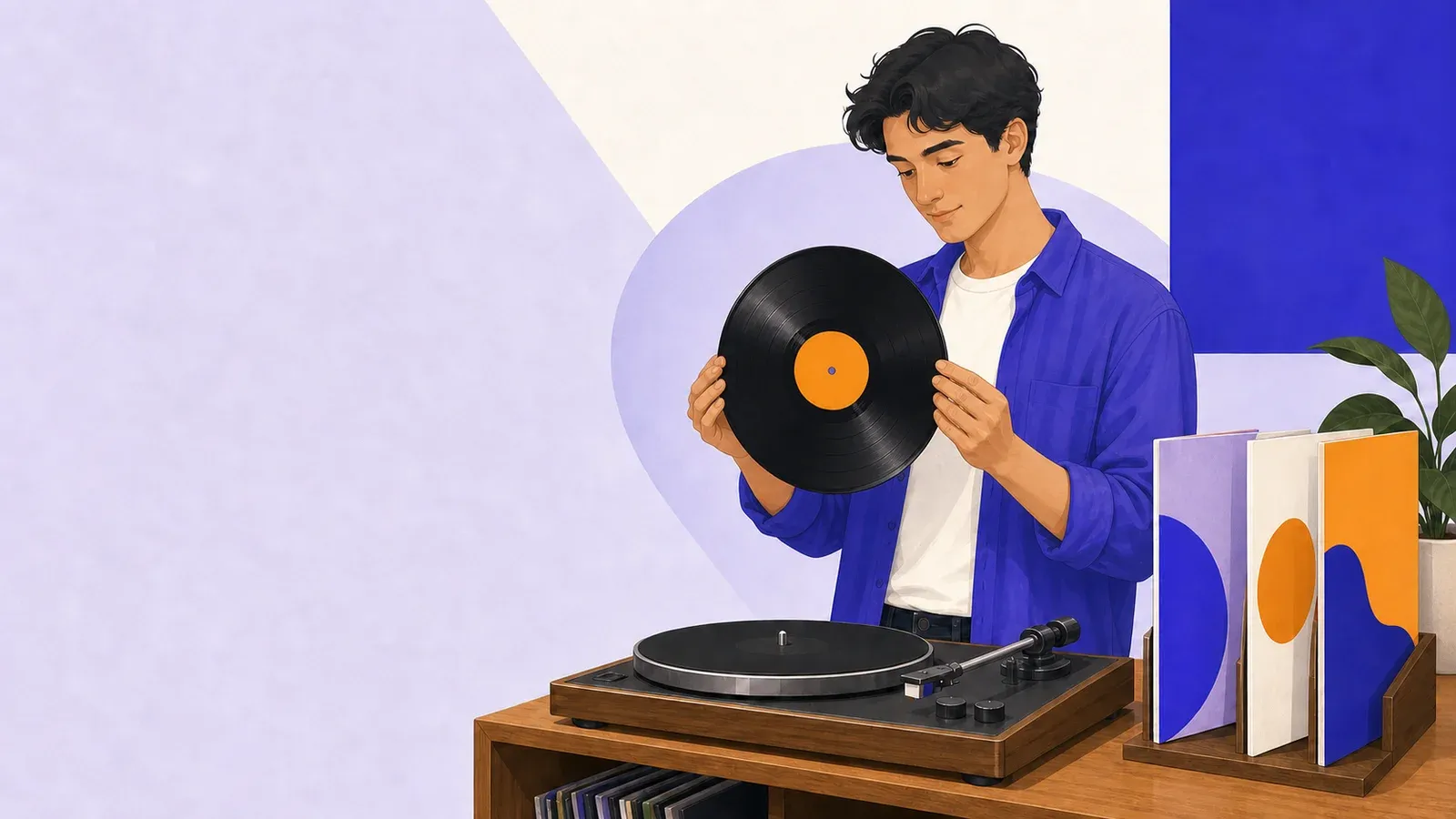 A beginner holding a vinyl record by its edges beside a turntable and upright sleeves