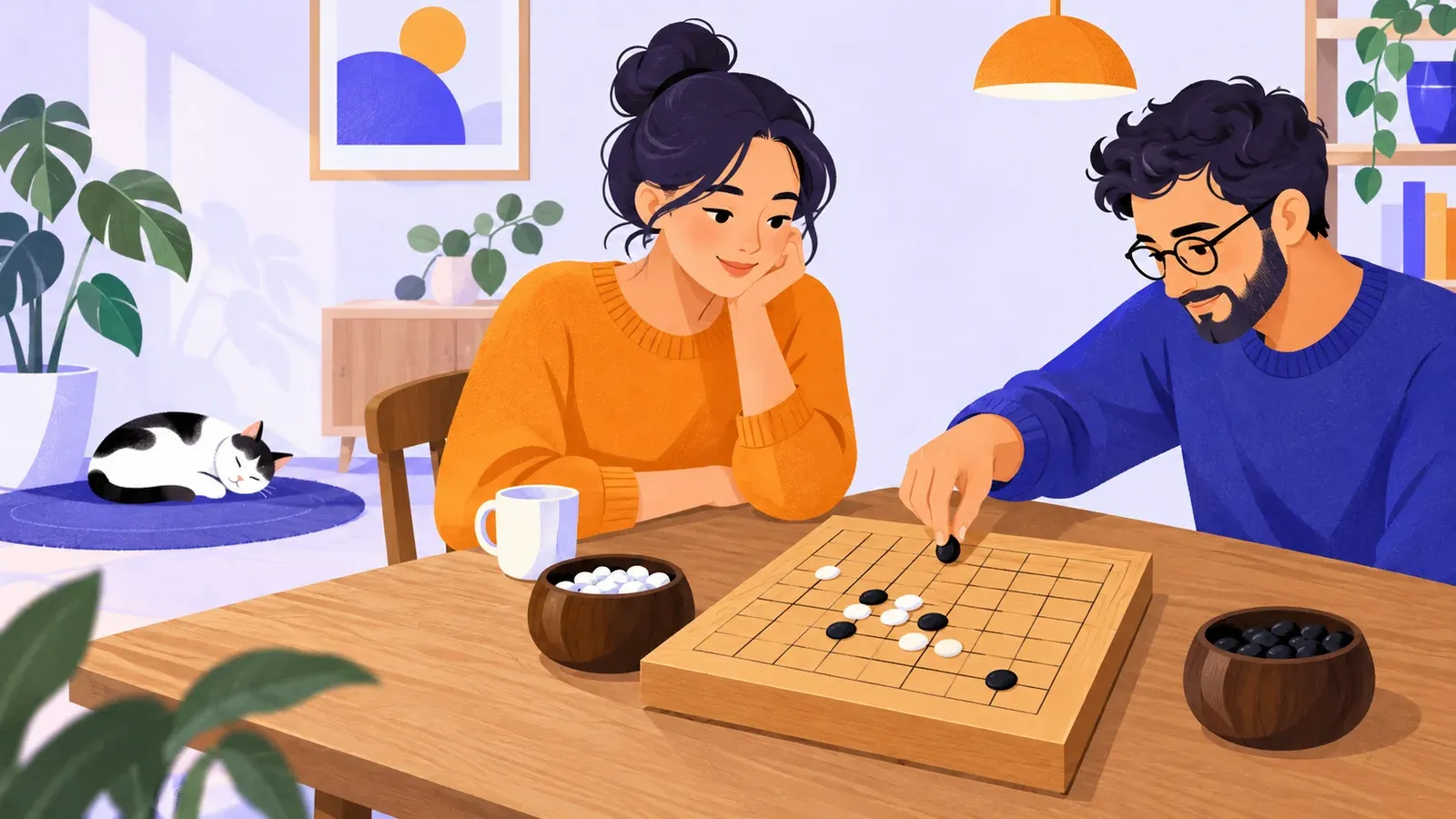 Two adults play Go at a table, with one placing a black stone on a wooden grid board