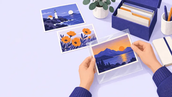 Hands slide a landscape postcard into a clear sleeve beside other cards and a storage box
