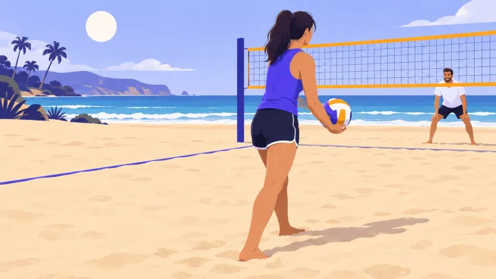 An adult prepares to serve a volleyball on a sand court while a partner waits beyond the net.