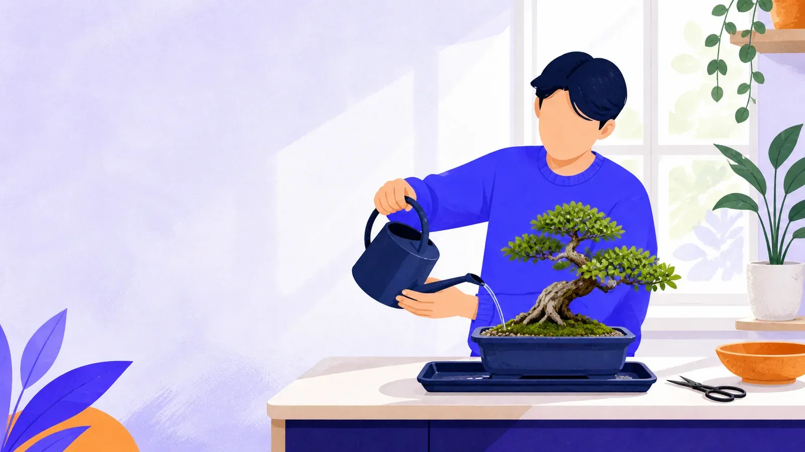 Ein Einsteiger gießt einen kleinen Bonsai neben einem hellen Fenster und einfachen Werkzeugen