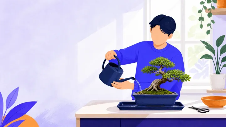 A beginner watering a small bonsai beside a bright window and simple tools