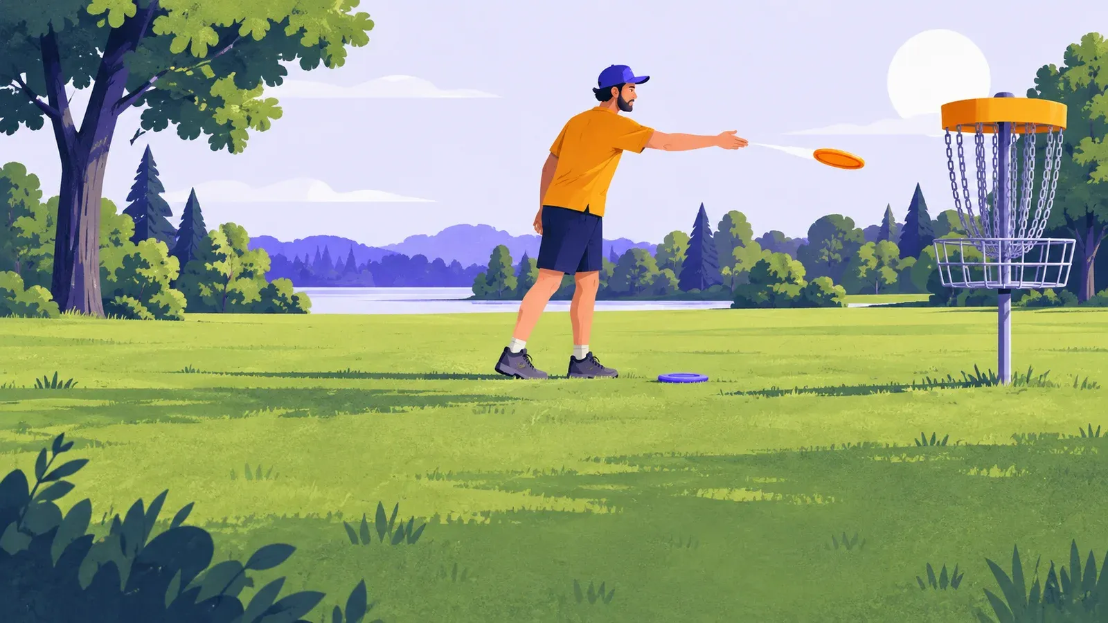 An adult throws a disc toward a metal basket on a grassy practice area