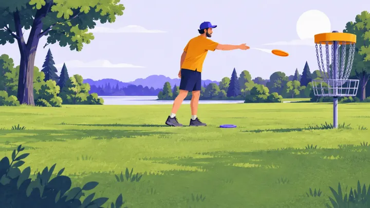 An adult throws a disc toward a metal basket on a grassy practice area