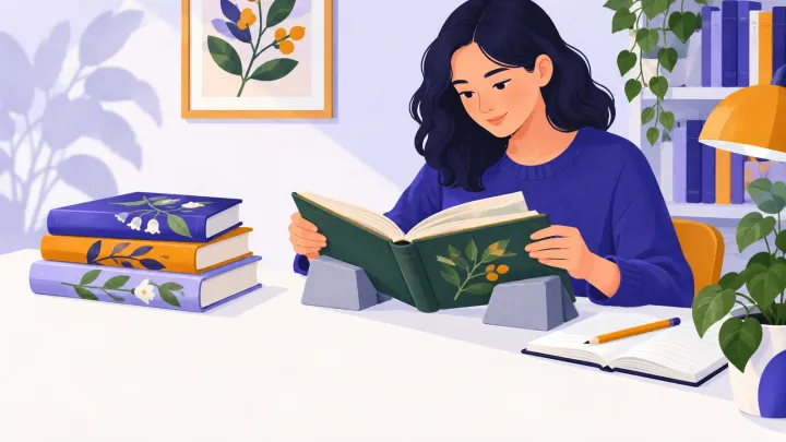 A person examines a supported open book beside a small stack and notebook