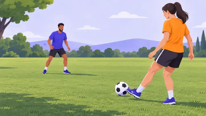Two adults practise passing a football across a grassy space.