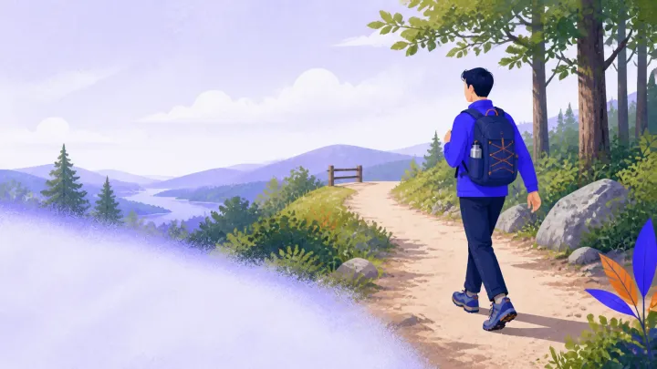 A beginner hiker with a small day pack following a marked local trail