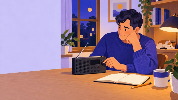 An adult tunes a portable radio with a telescopic antenna beside an open notebook and pencil.