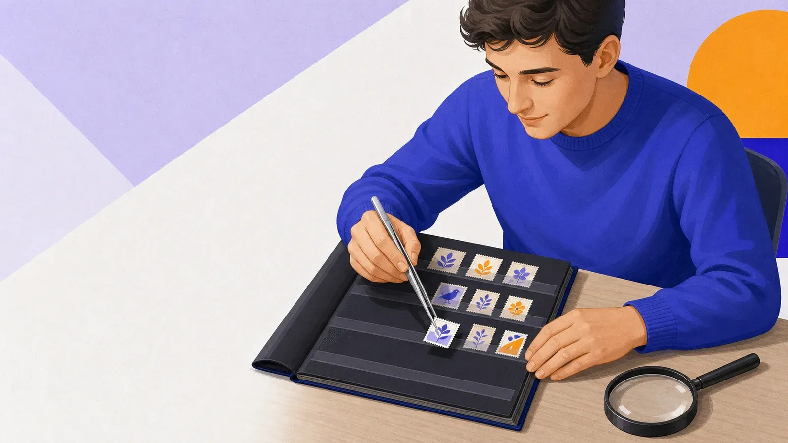 A beginner using stamp tongs to arrange stamps in a stock book beside a magnifier