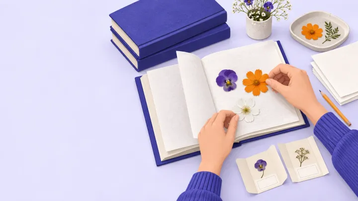 Hands arrange small flowers between paper sheets in an open book beside a stack of books and dried specimens